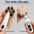 Side by side: the paw trimmer clears fur between the pads, the grinder files the nail