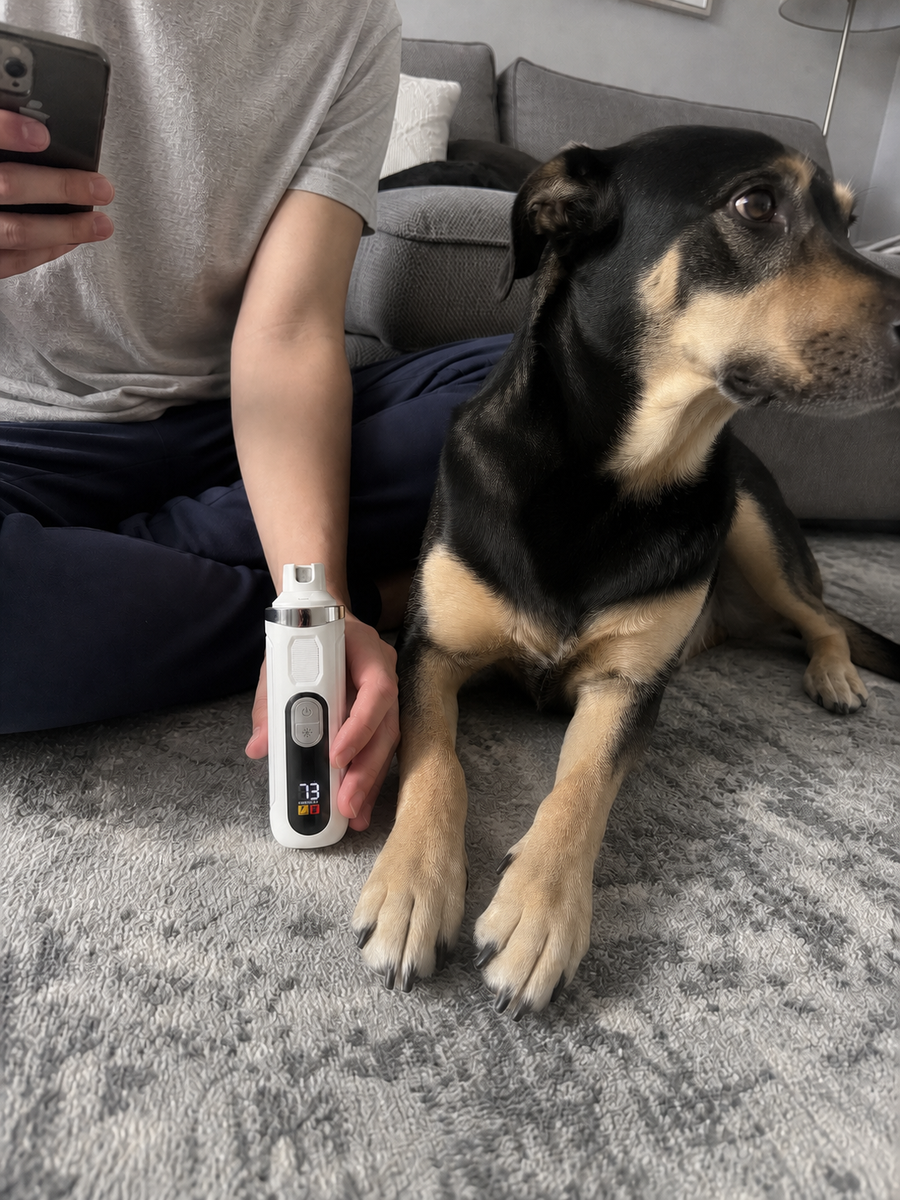 A black and tan dog lying on a living room rug next to its owner, who is holding the nail grinder