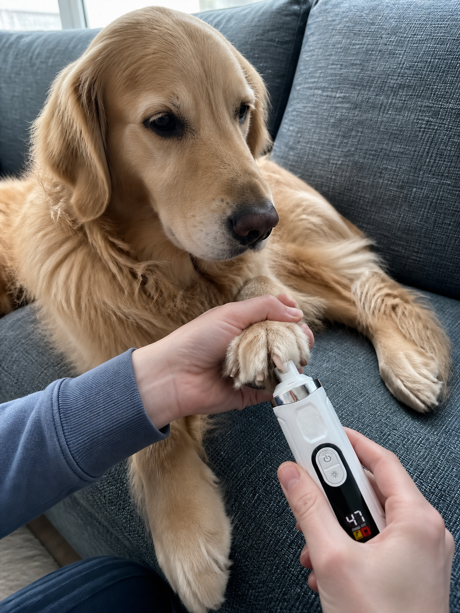 A golden retriever lying on a couch while one hand steadies its paw and the other holds the nail grinder against a nail